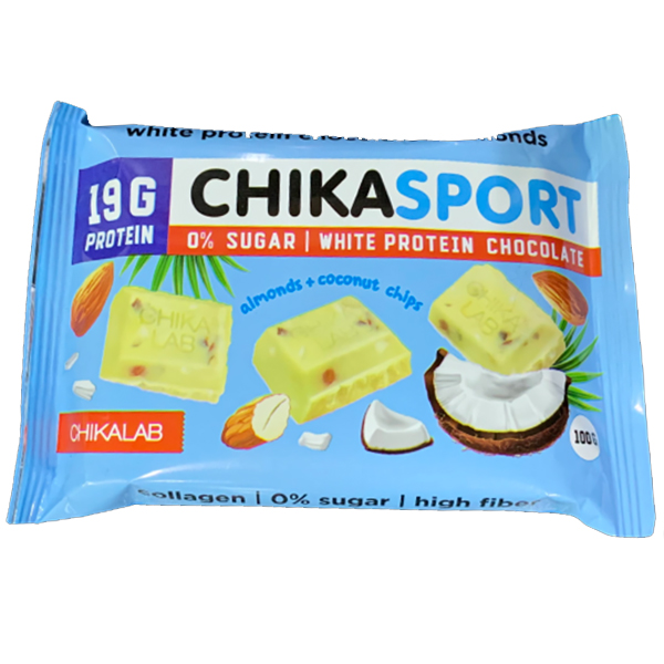 Белый шоколад с миндалём и кокосовыми чипсами Chika Sport